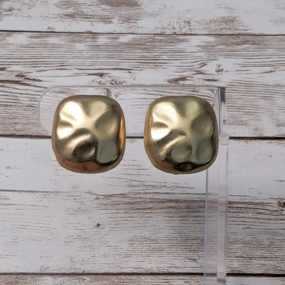 Vintage Clip On Earrings Rounded Square Irregular Gold Tone - Fair Condition